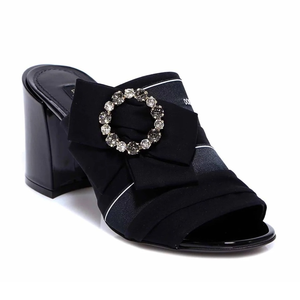 Dolce and Gabbana Black Satin Crystal Embellished Open Toe Mules